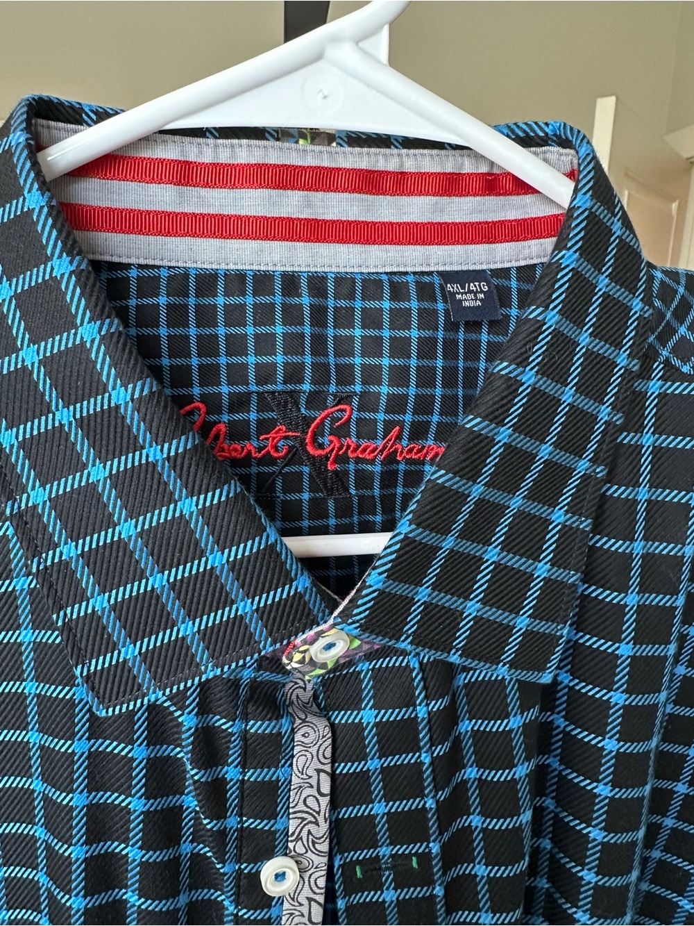 Robert Graham Black Dress Shirt with Bright Blue Grid and Red Accent - 4XL